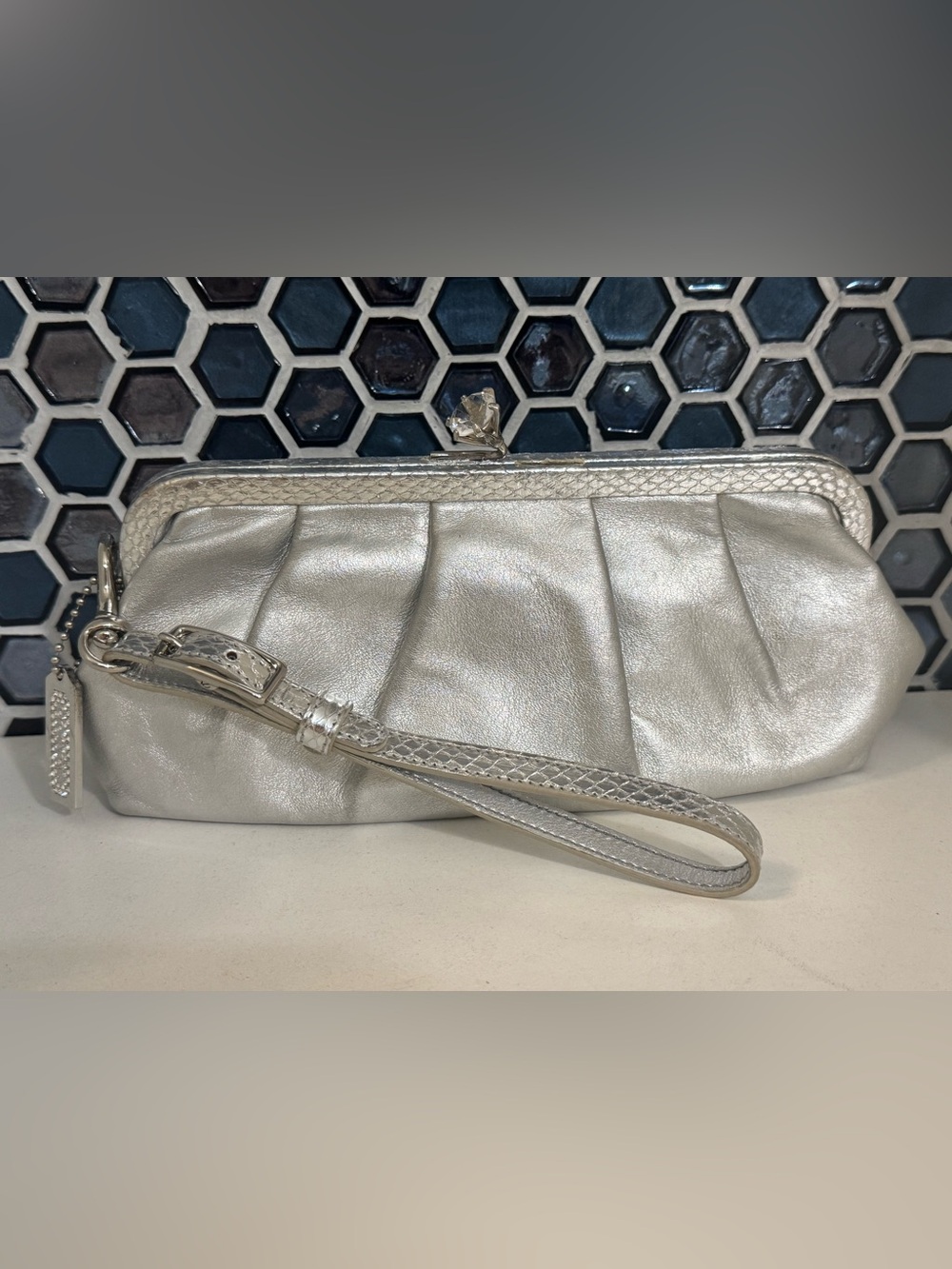 Coach Silver Metallic Pleated Wristlet
